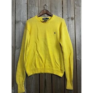 Polo Ralph Lauren Mens Yellow Cotton Knit Crewneck Sweater Navy Pony Size M